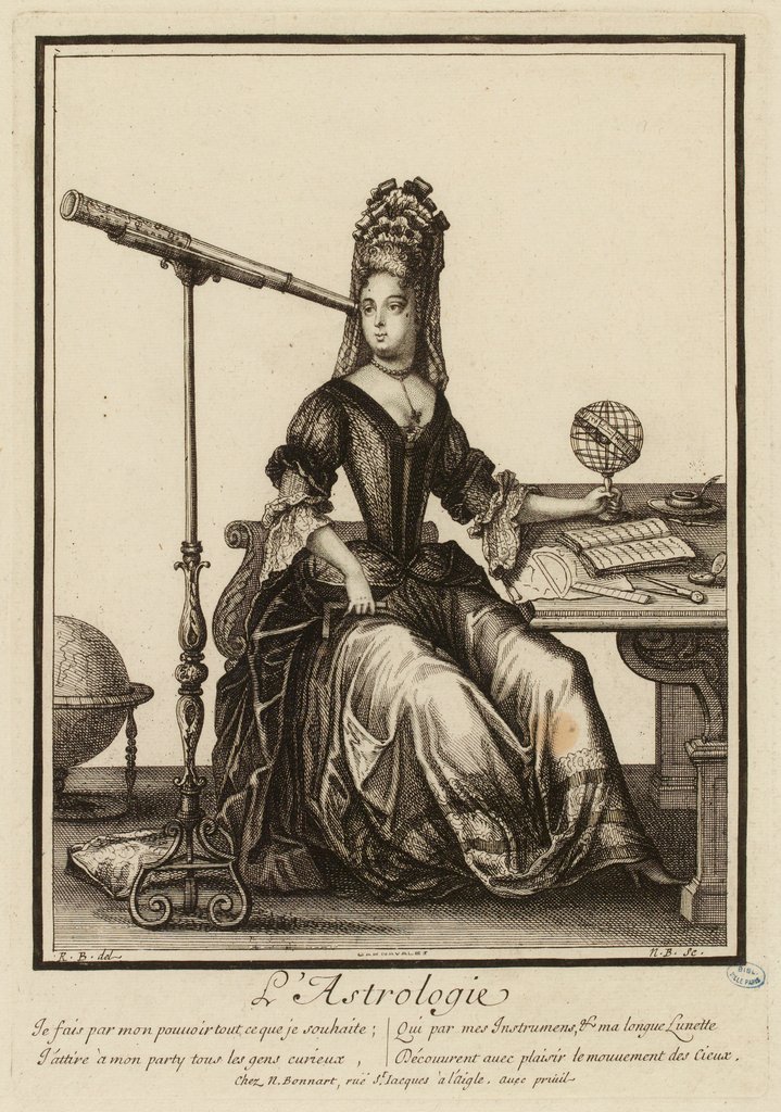 Allégorie de l'astrologie par Nicolas Bonnart (XVII-XVIIIe siècle). La légende précise : "Je fais par mon pouvoir tout ce que je souhaite ; J'attire à mon parti tous les gens curieux, qui par mes instruments et ma longue lunette découvrent avec plaisir le mouvement des Cieux."