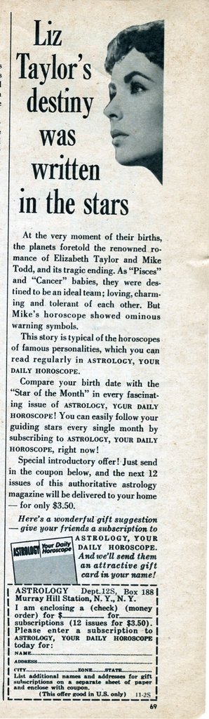 Werbung aus 1958, "Astrology, your daily horoscope".