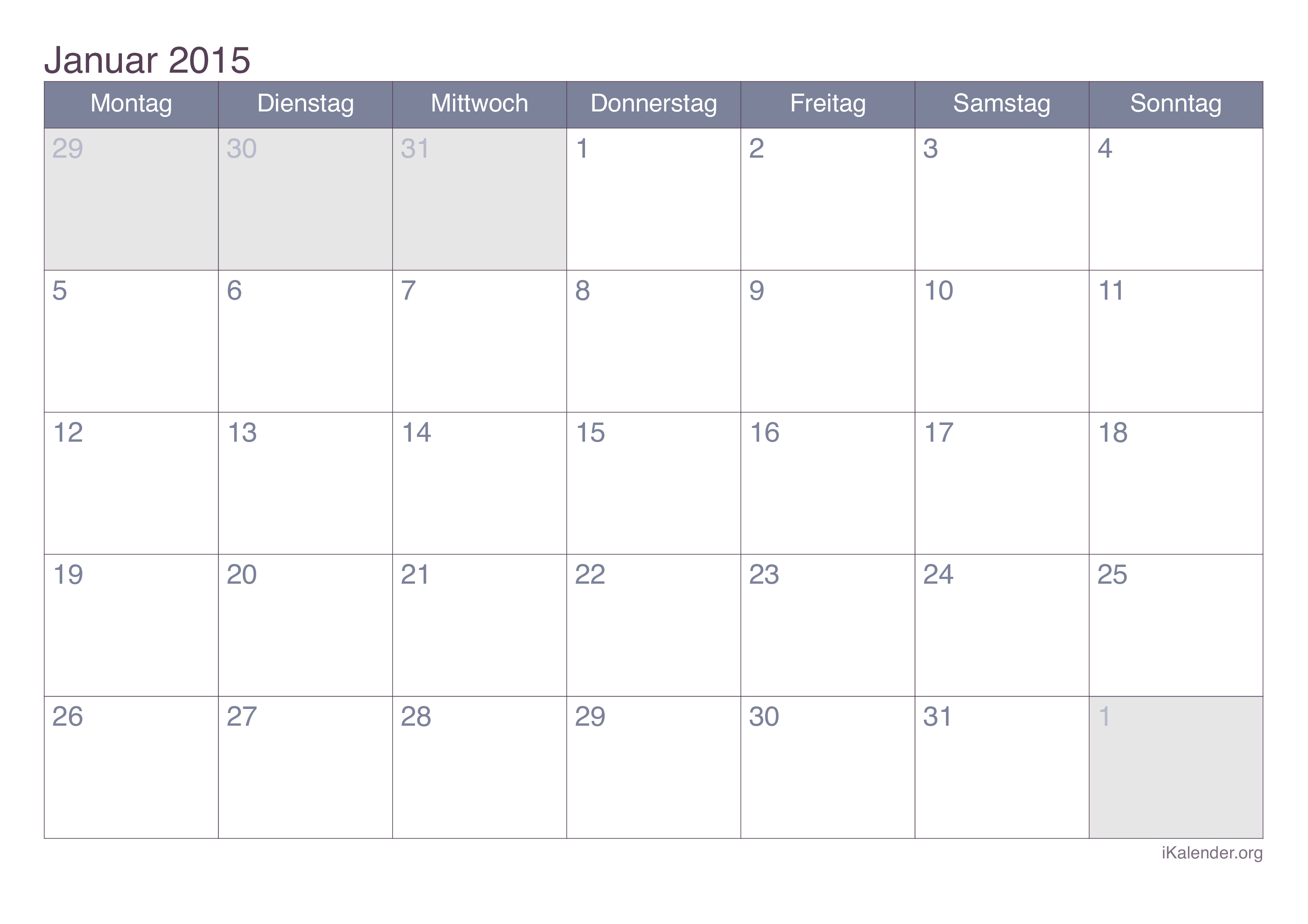 Monatskalender Januar 2015 - Office