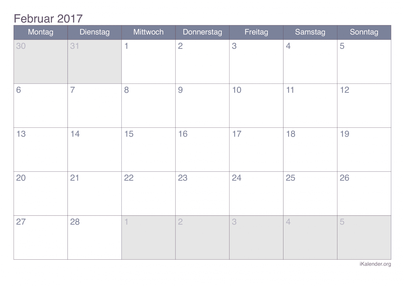 Monatskalender Februar 2017 - Office