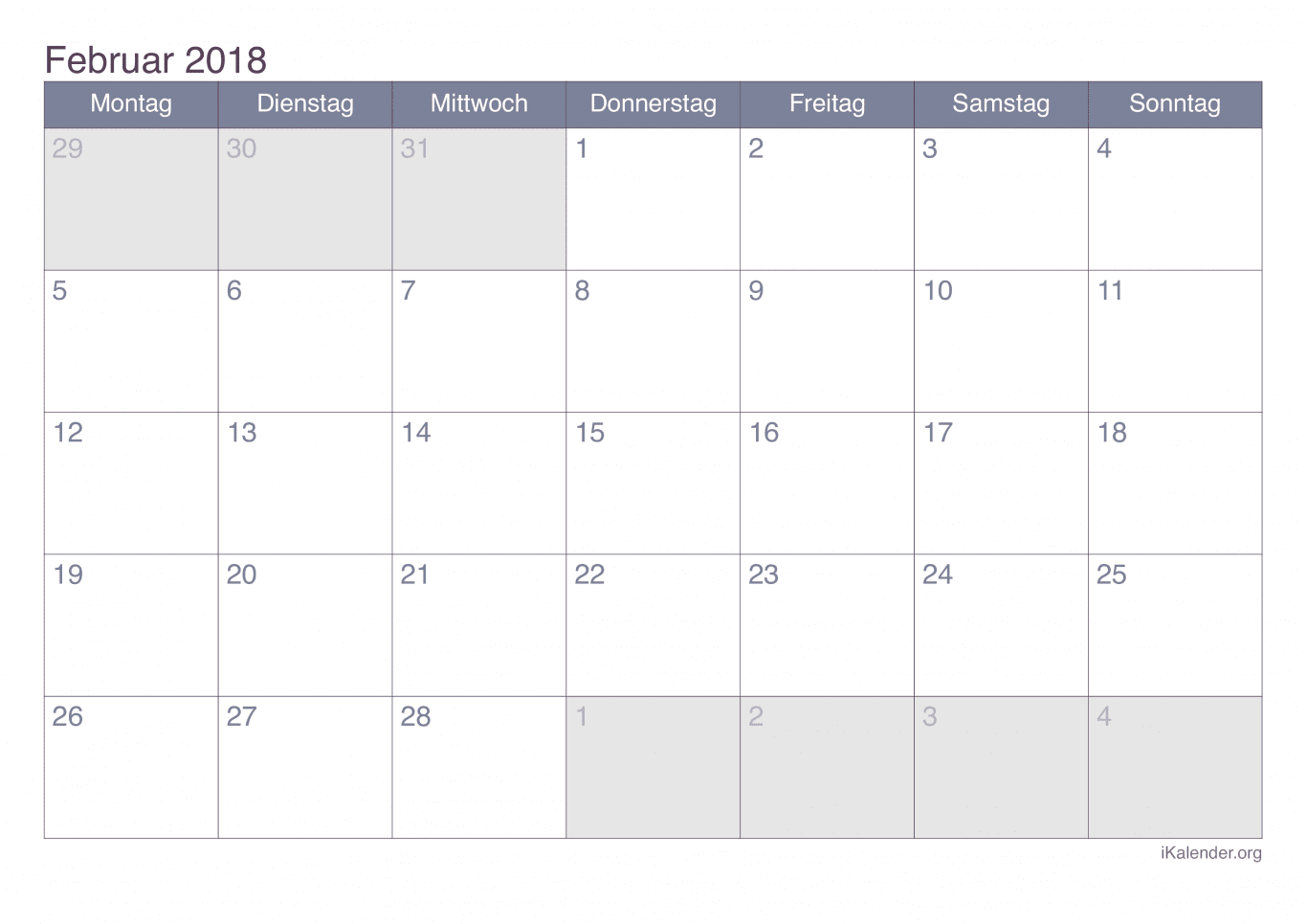 Monatskalender Februar 2018 - Office