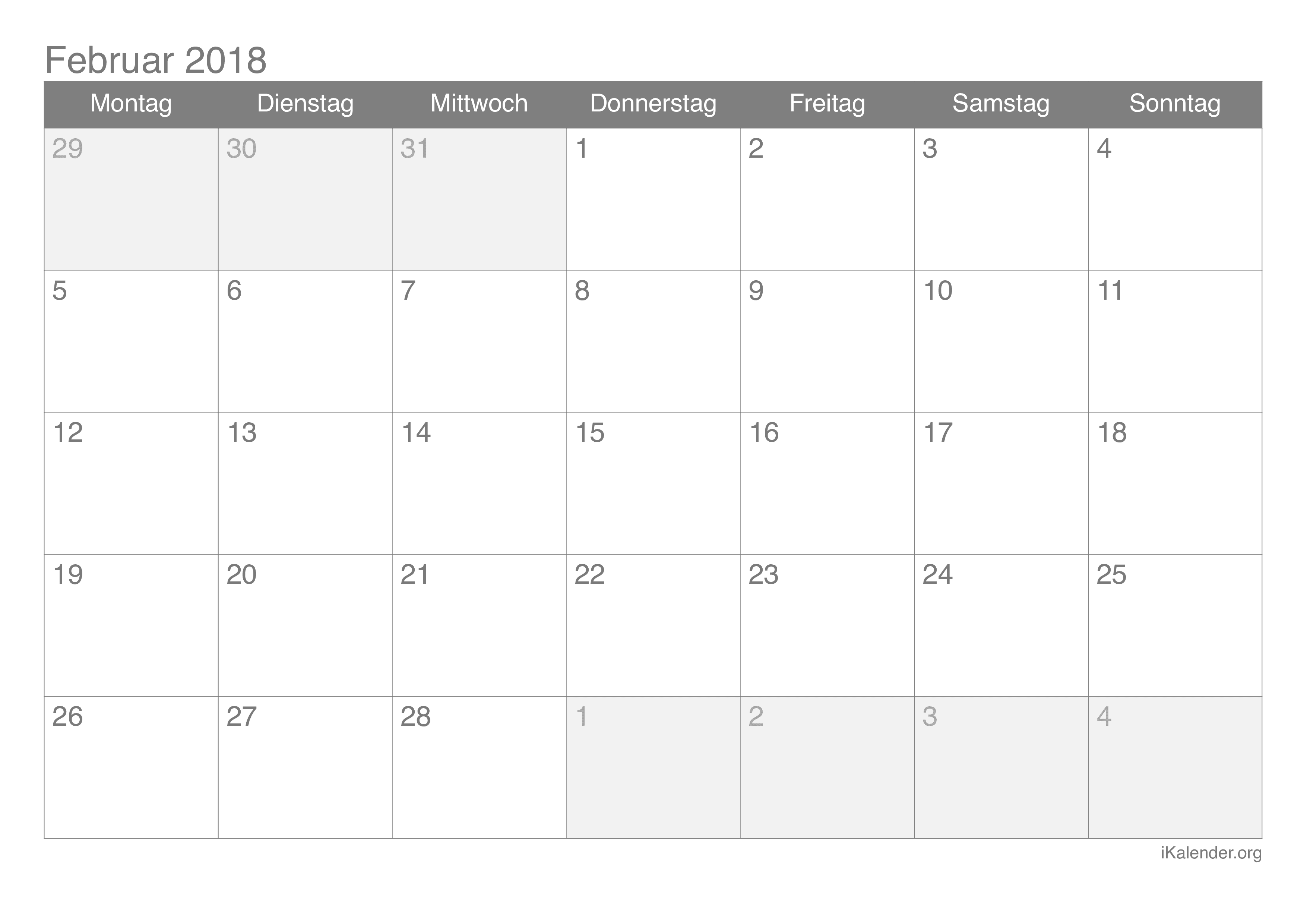 Monatskalender Februar 2018
