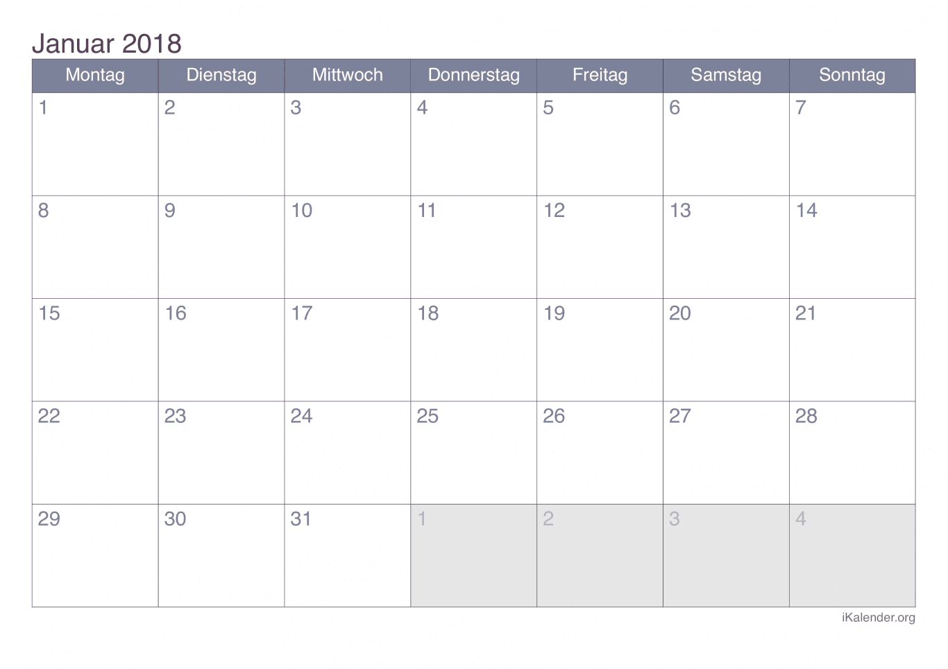 Monatskalender Januar 2018 - Office