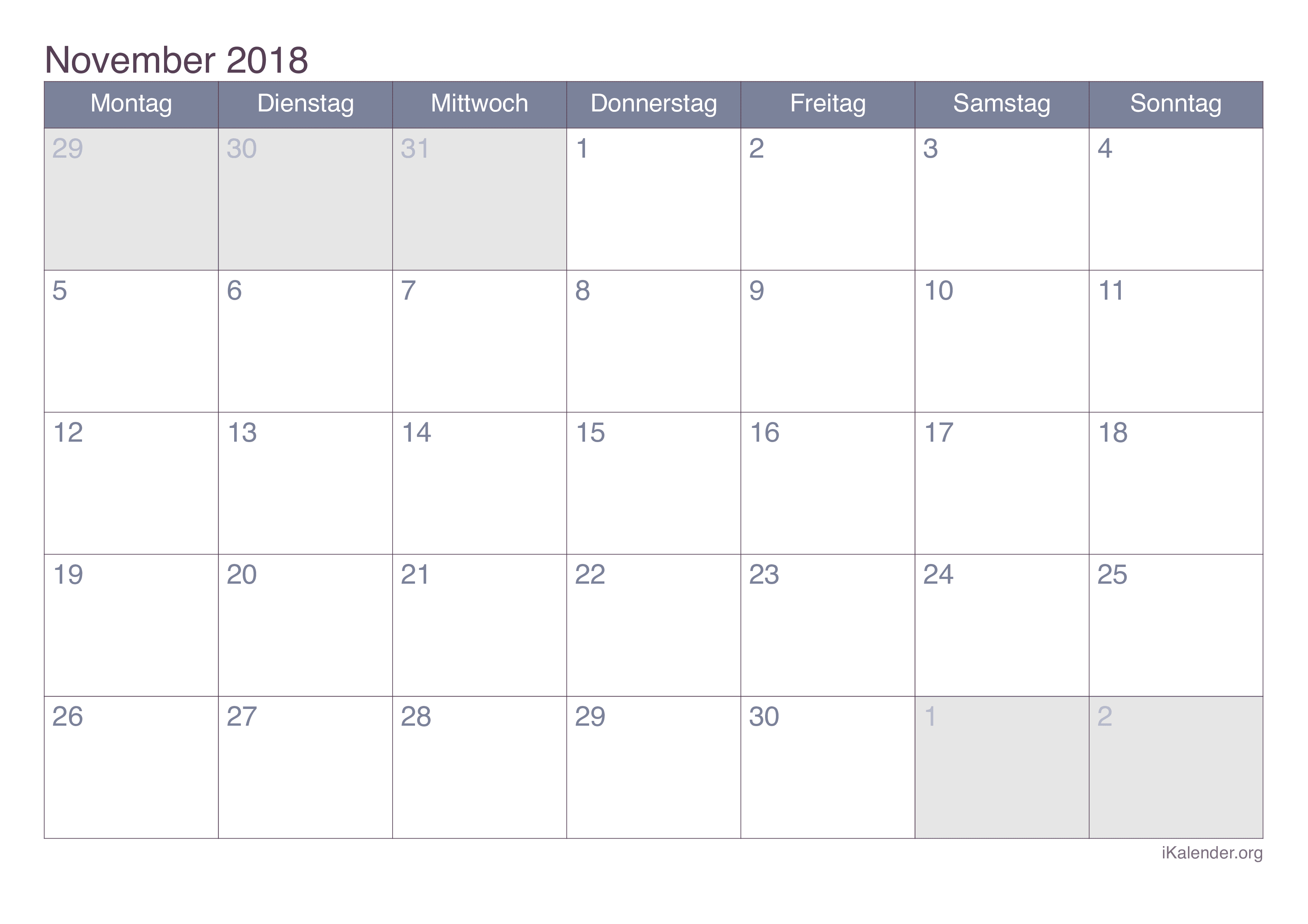 Monatskalender November 2018 - Office