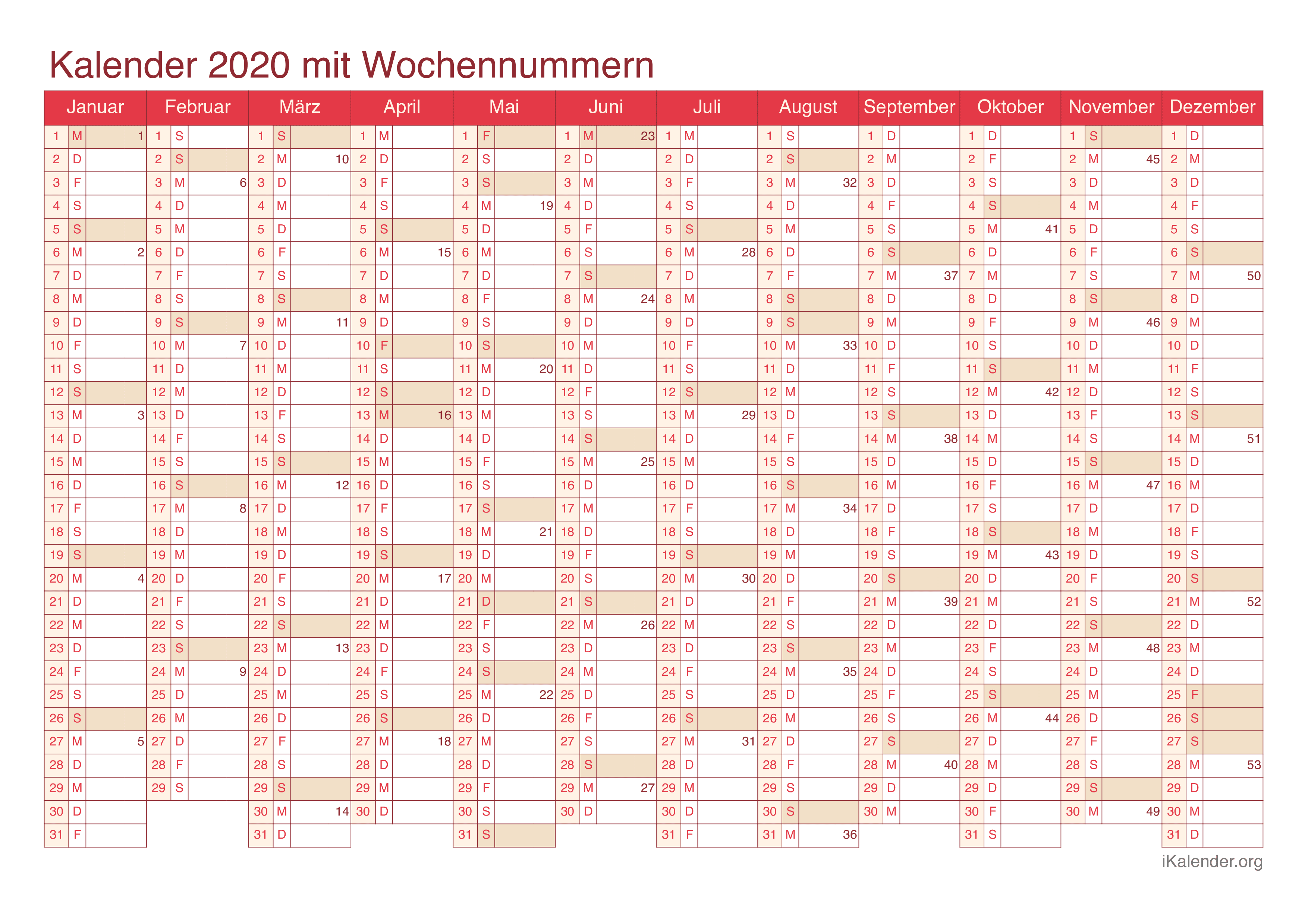 Jahreskalender 2020 mit Wochennummern - Cherry