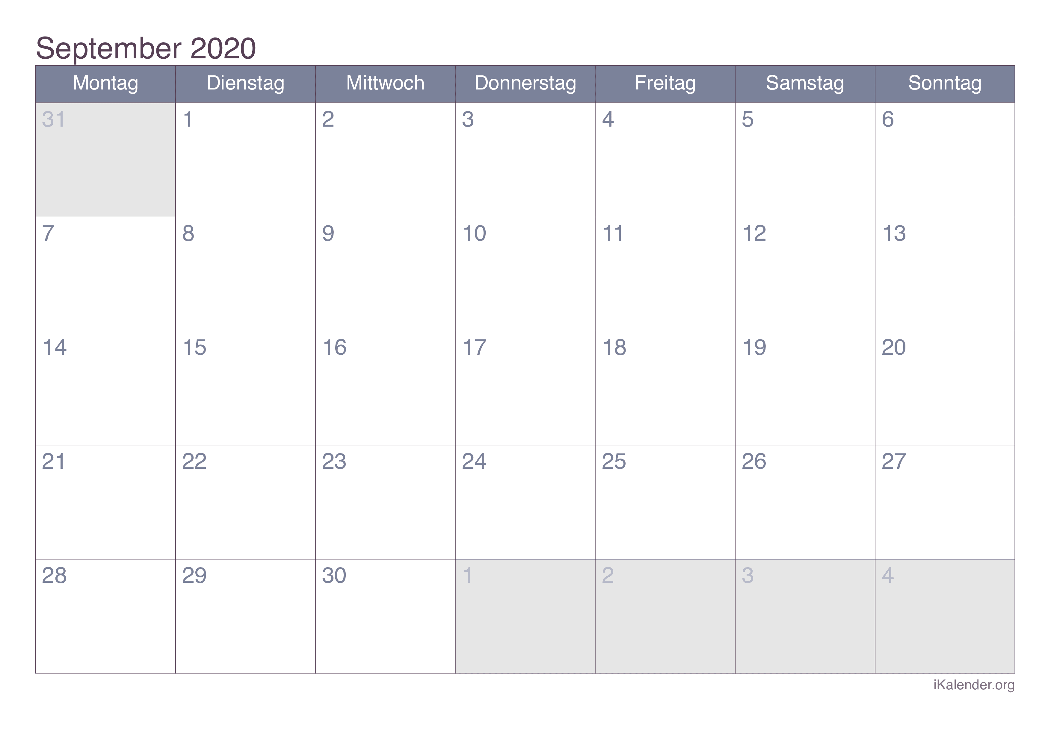 Monatskalender September 2020 - Office