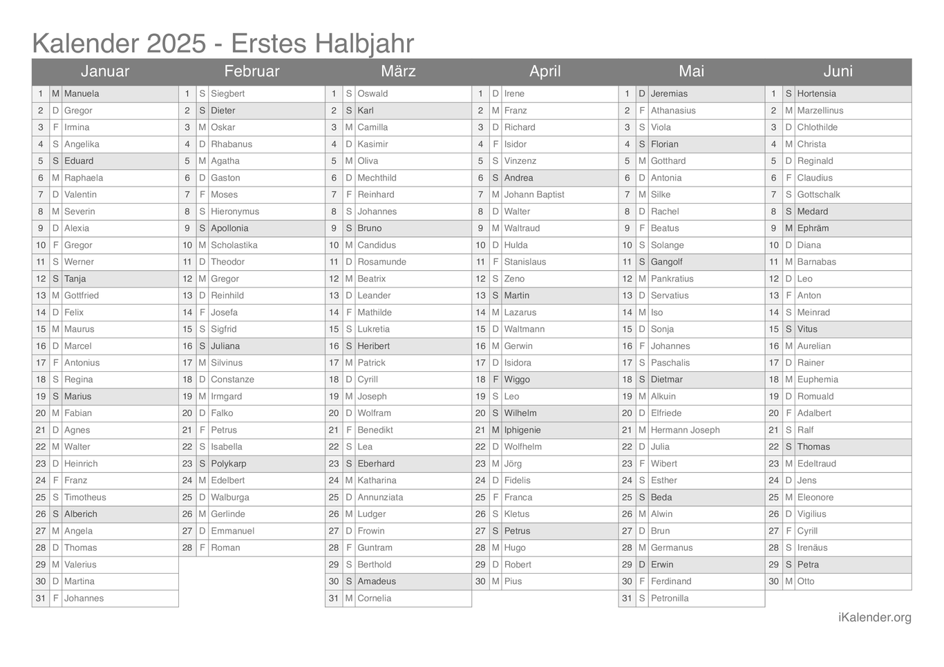 Halbjahres- Namenstagskalender 2025