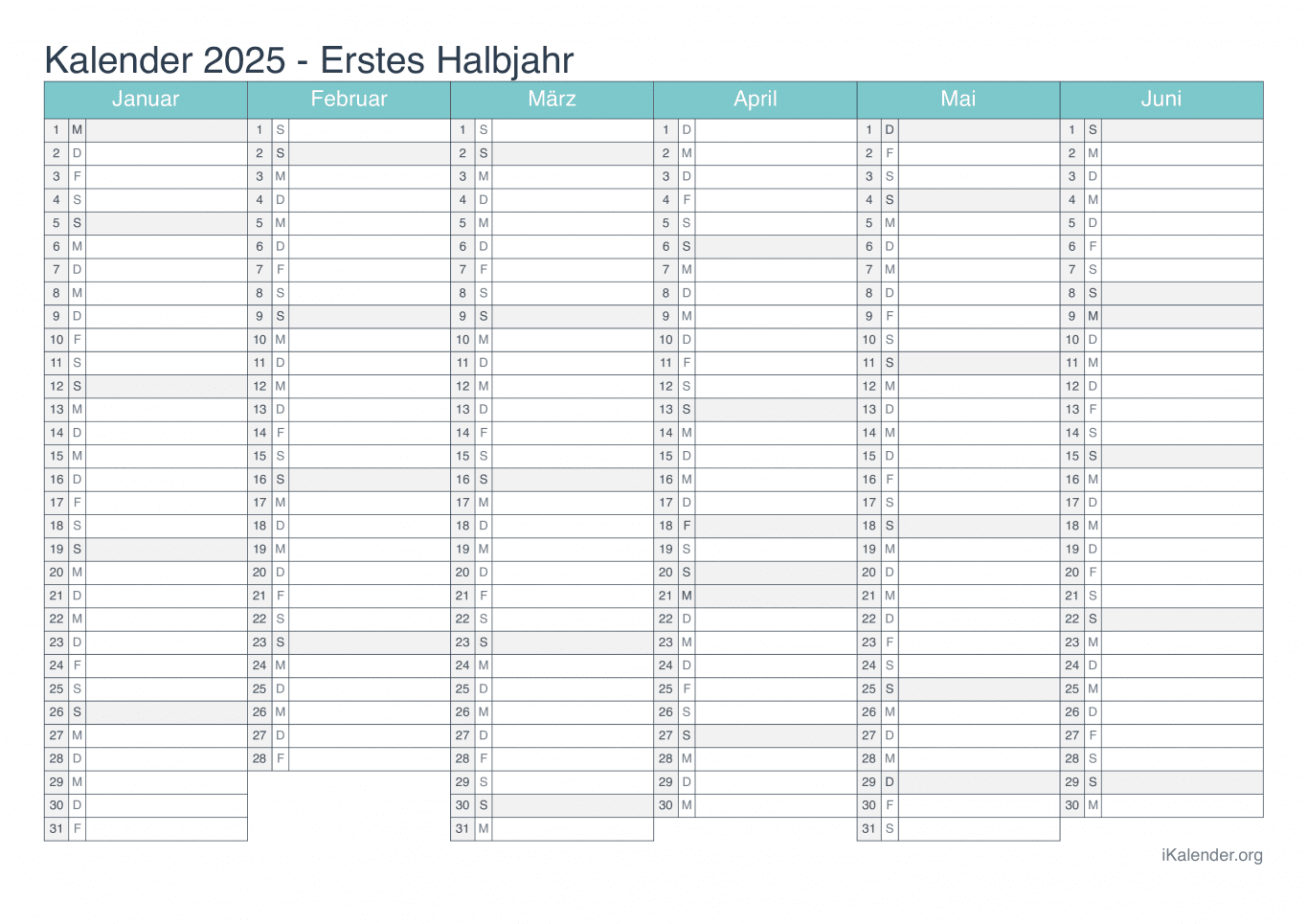 Halbjahreskalender 2025 - Turkis