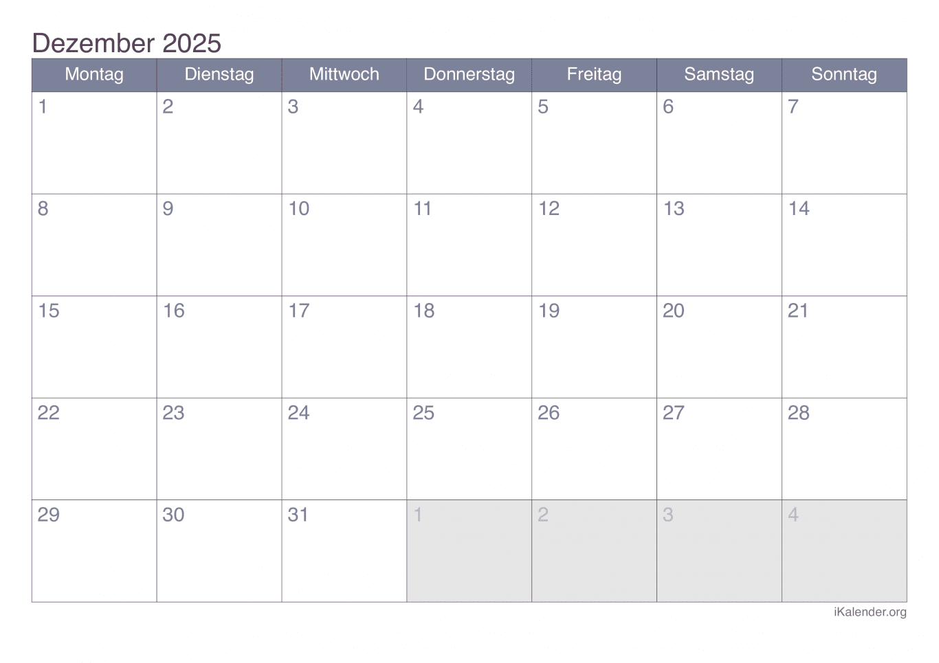 Monatskalender Dezember 2025 - Office
