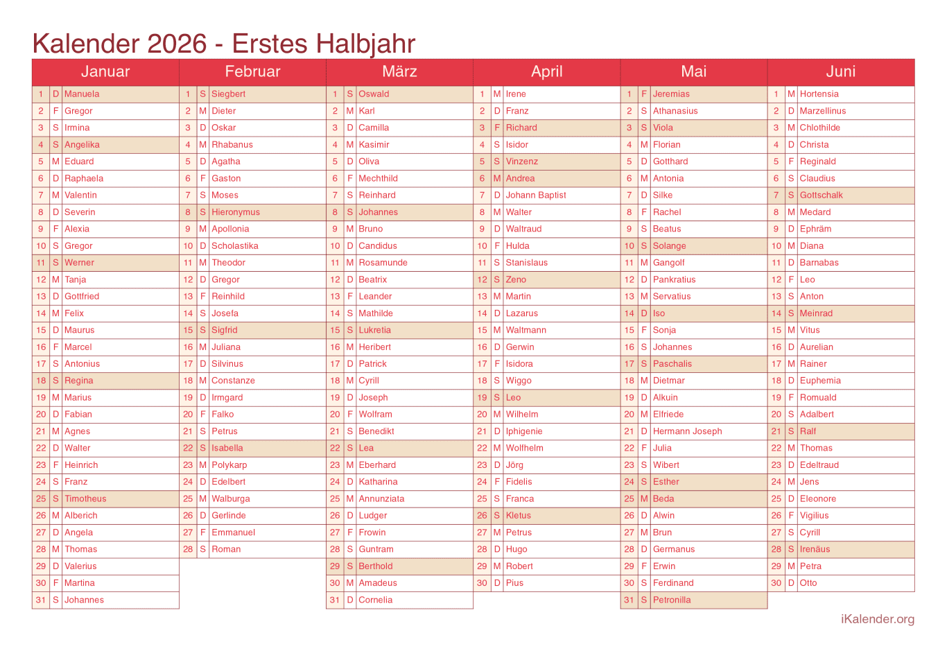 Halbjahres- Namenstagskalender 2026 - Cherry