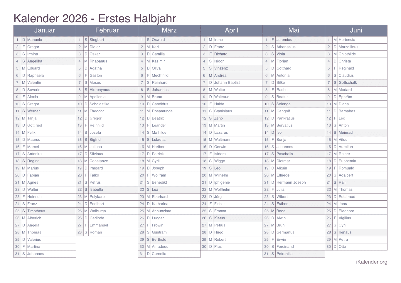 Halbjahres- Namenstagskalender 2026 - Office