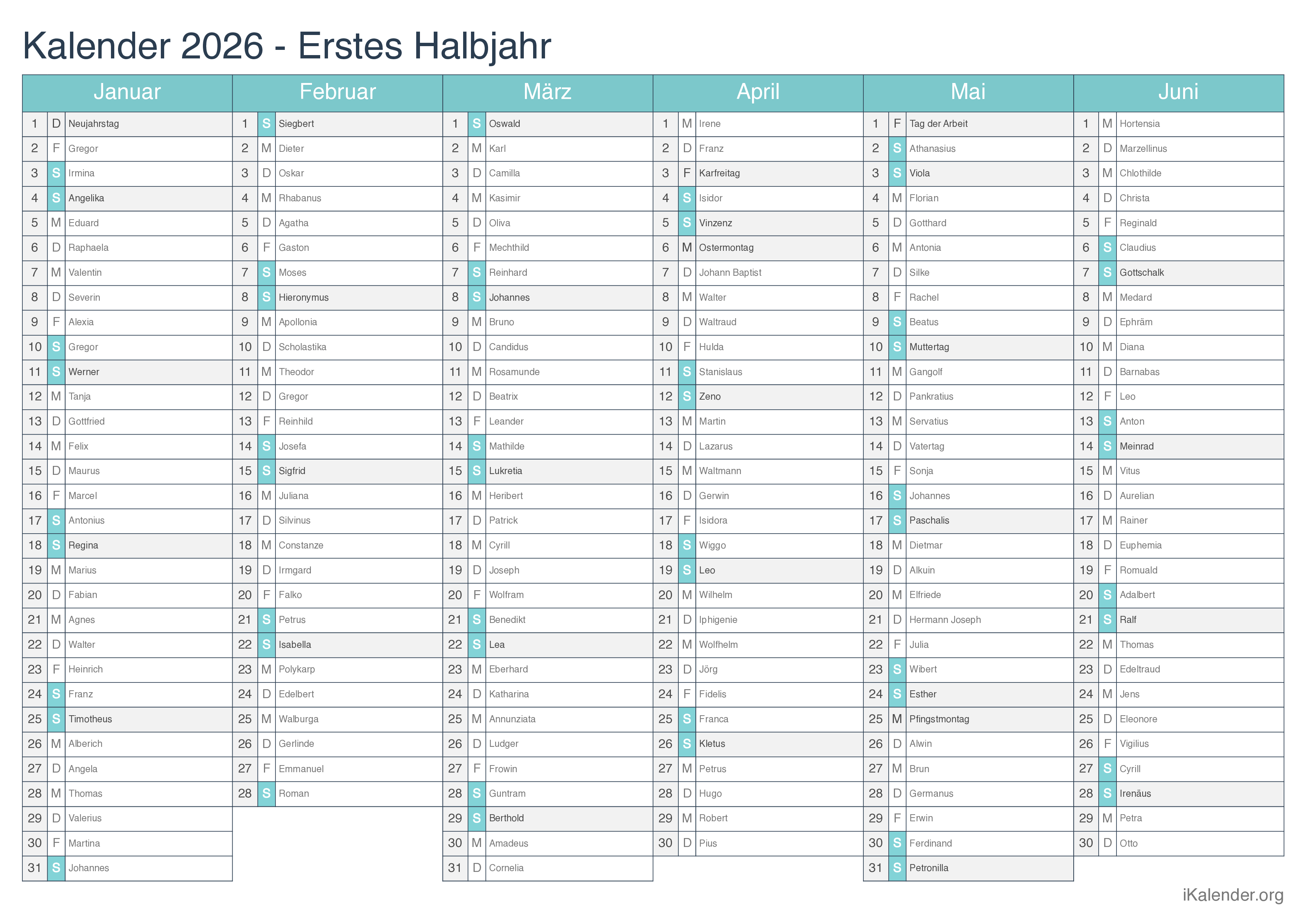 Halbjahres- Namenstagskalender 2026 - Turkis