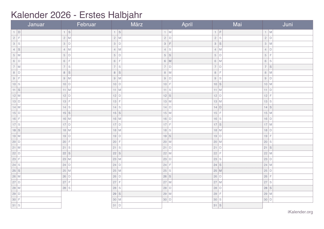 Halbjahreskalender 2026 - Office