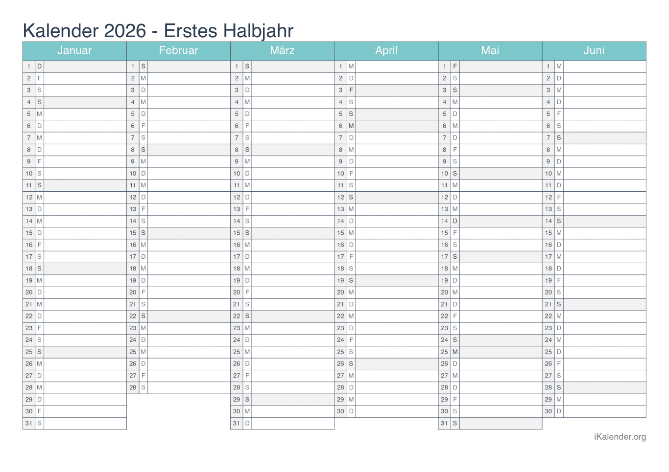 Halbjahreskalender 2026 - Turkis