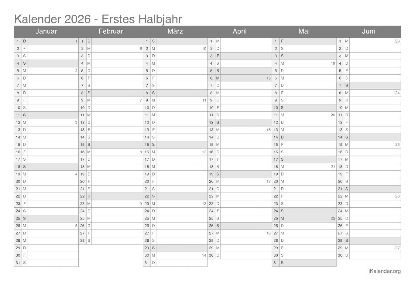 Halbjahreskalender mit Wochennummern 2026