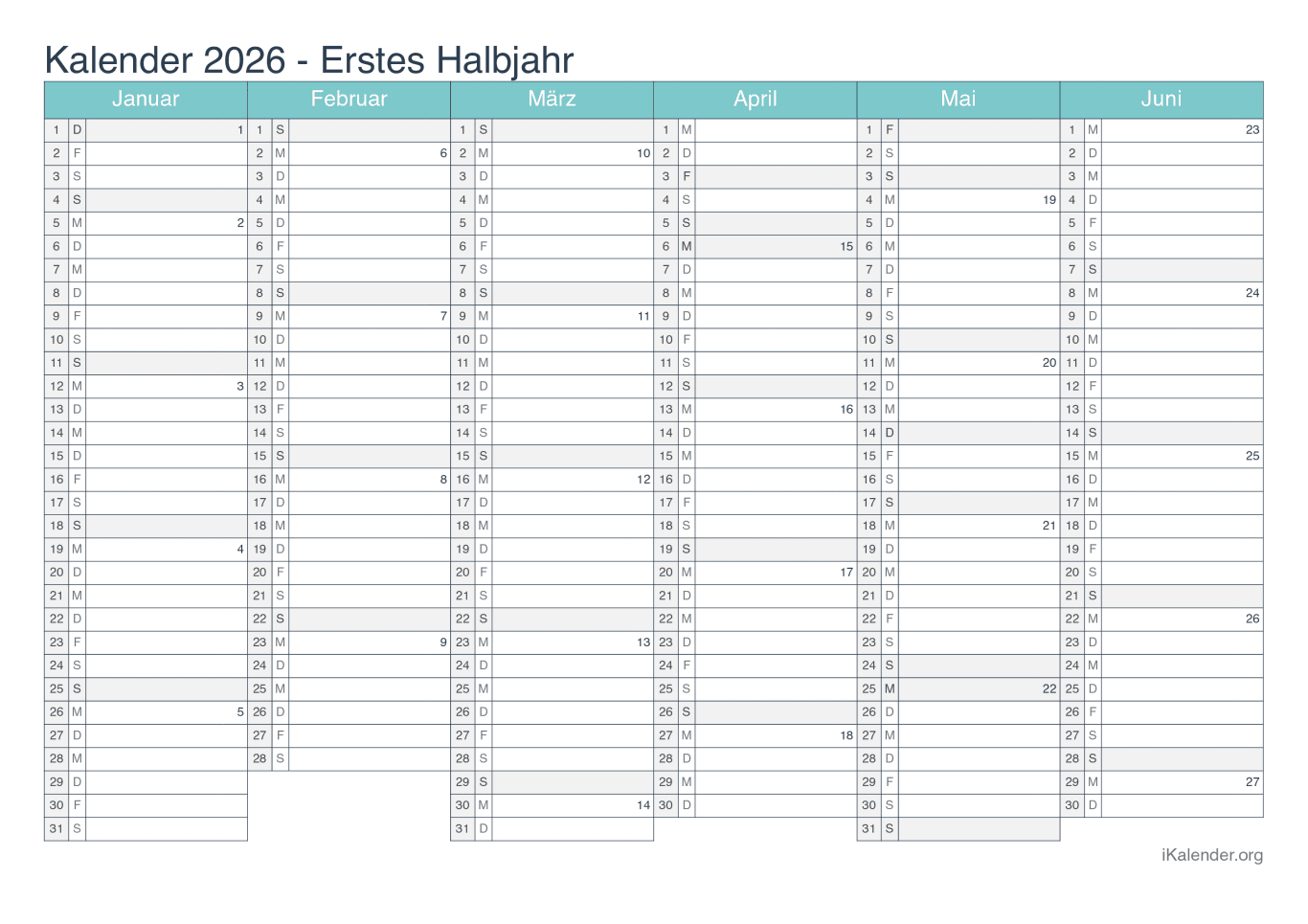 Halbjahreskalender mit Wochennummern 2026 - Turkis