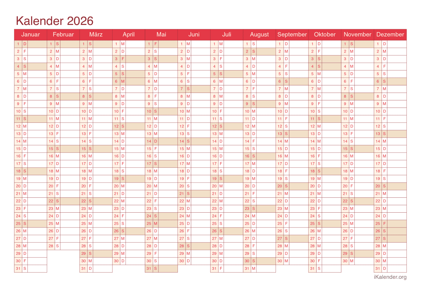 Jahreskalender 2026 - Cherry