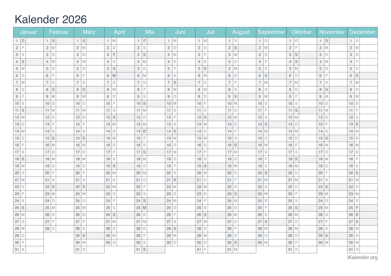 Jahreskalender 2026 - Turkis