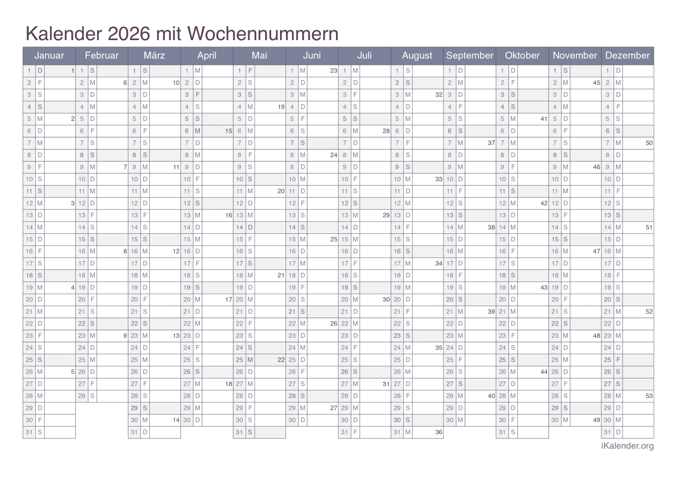 Jahreskalender 2026 mit Wochennummern - Office