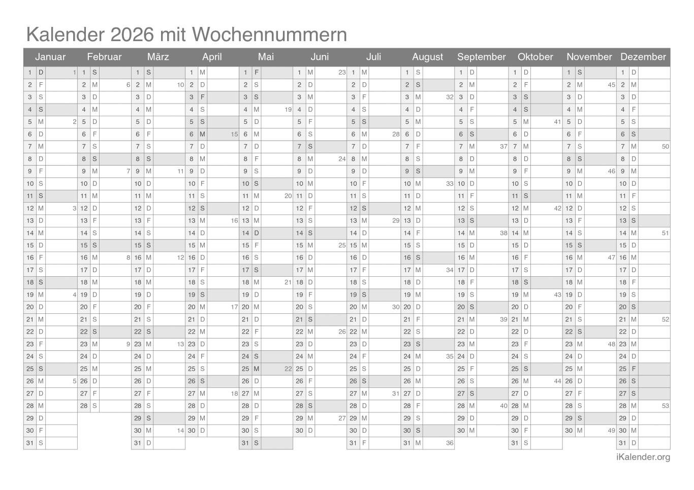 Jahreskalender 2026 mit Wochennummern