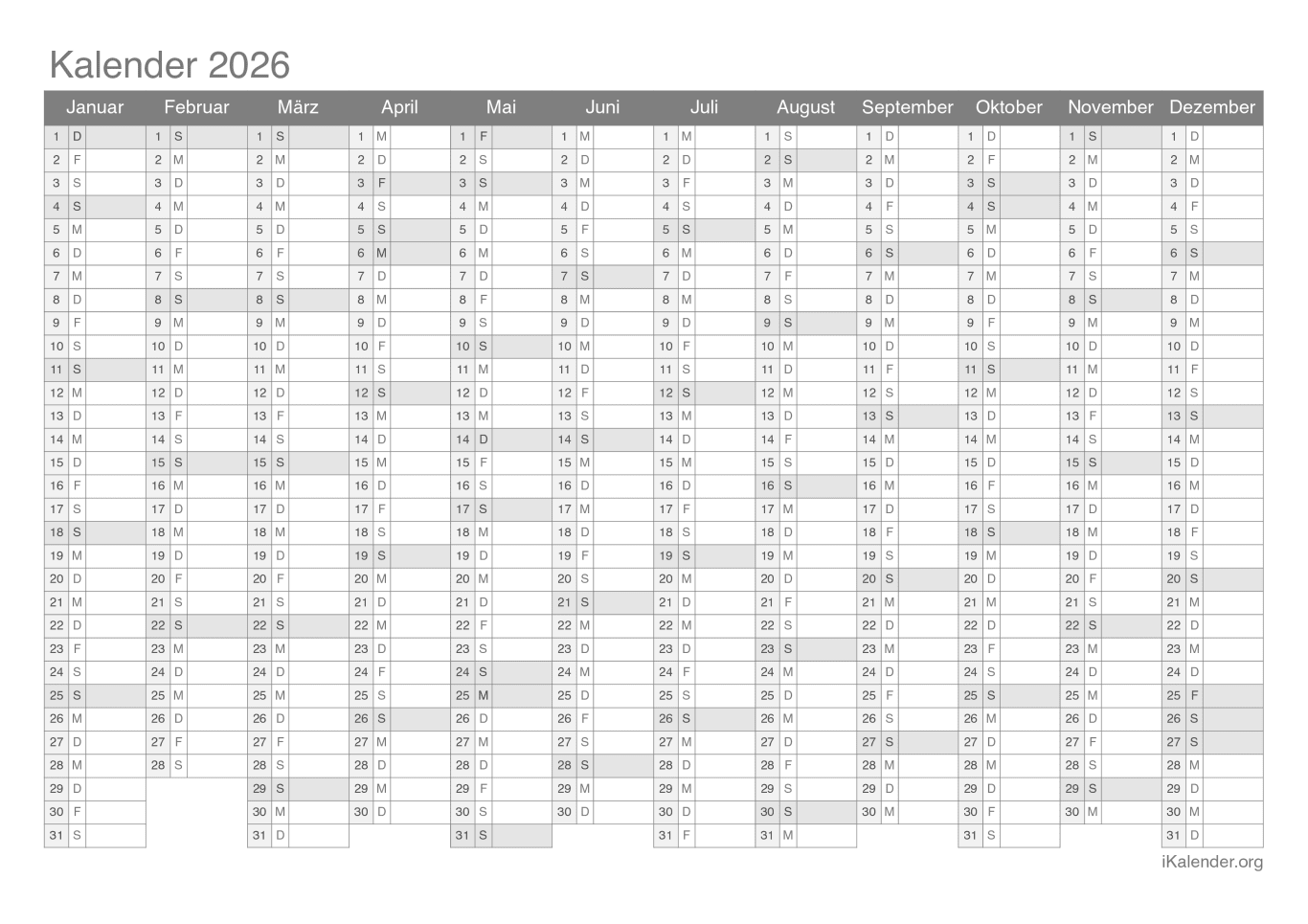 Jahreskalender 2026