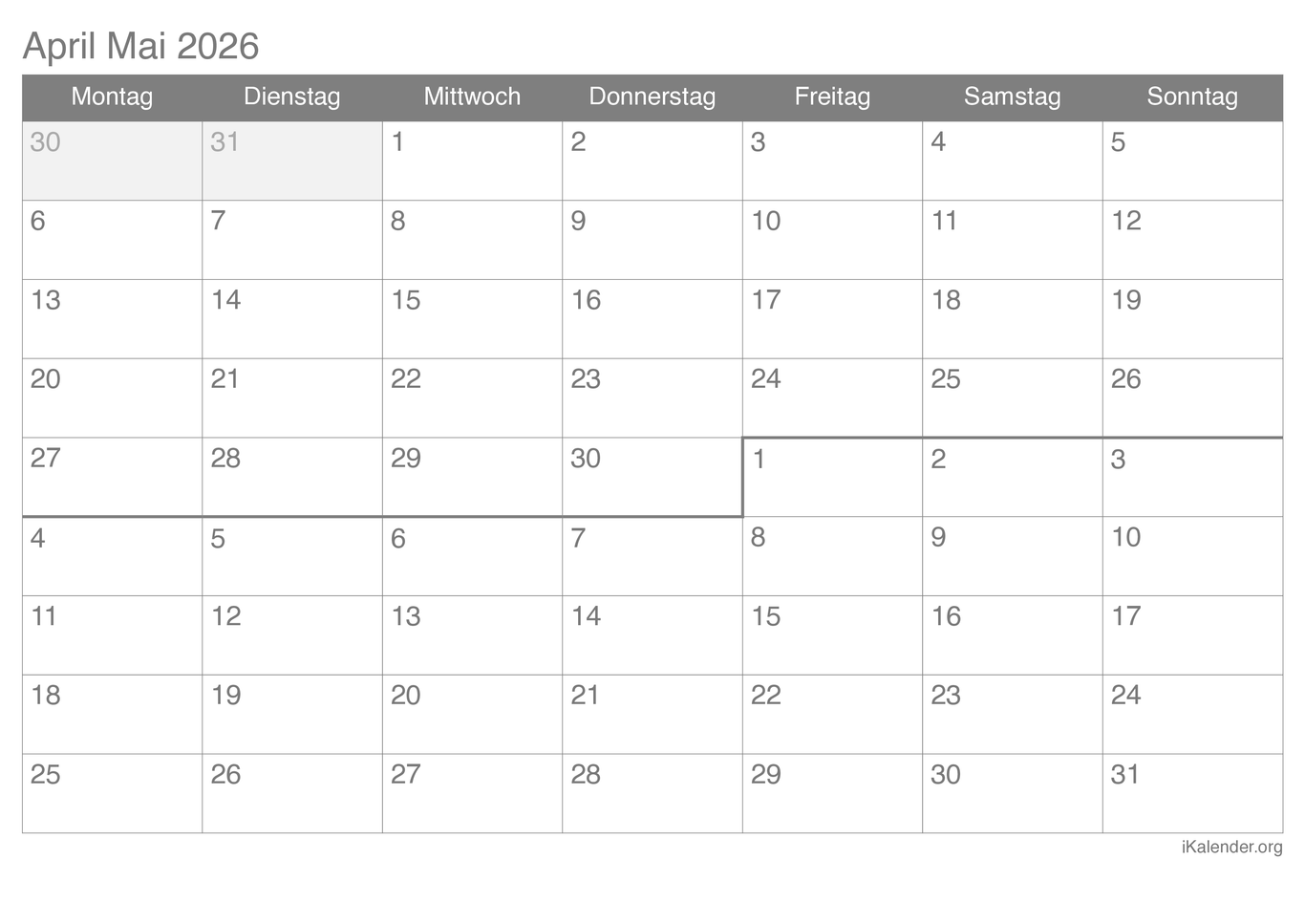 Monatskalender April Mai 2026