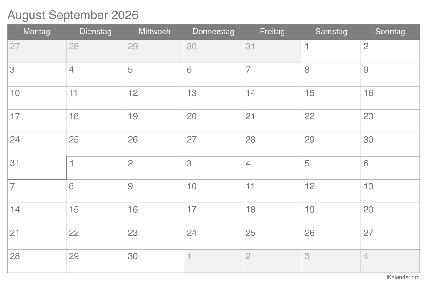 Monatskalender August September 2026