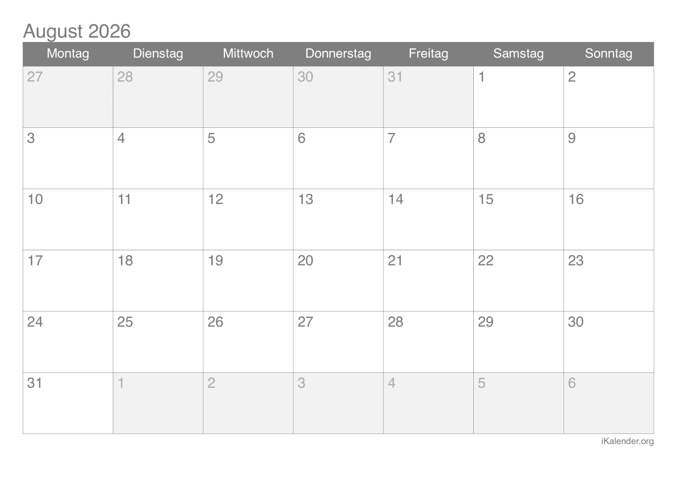 Monatskalender August 2026