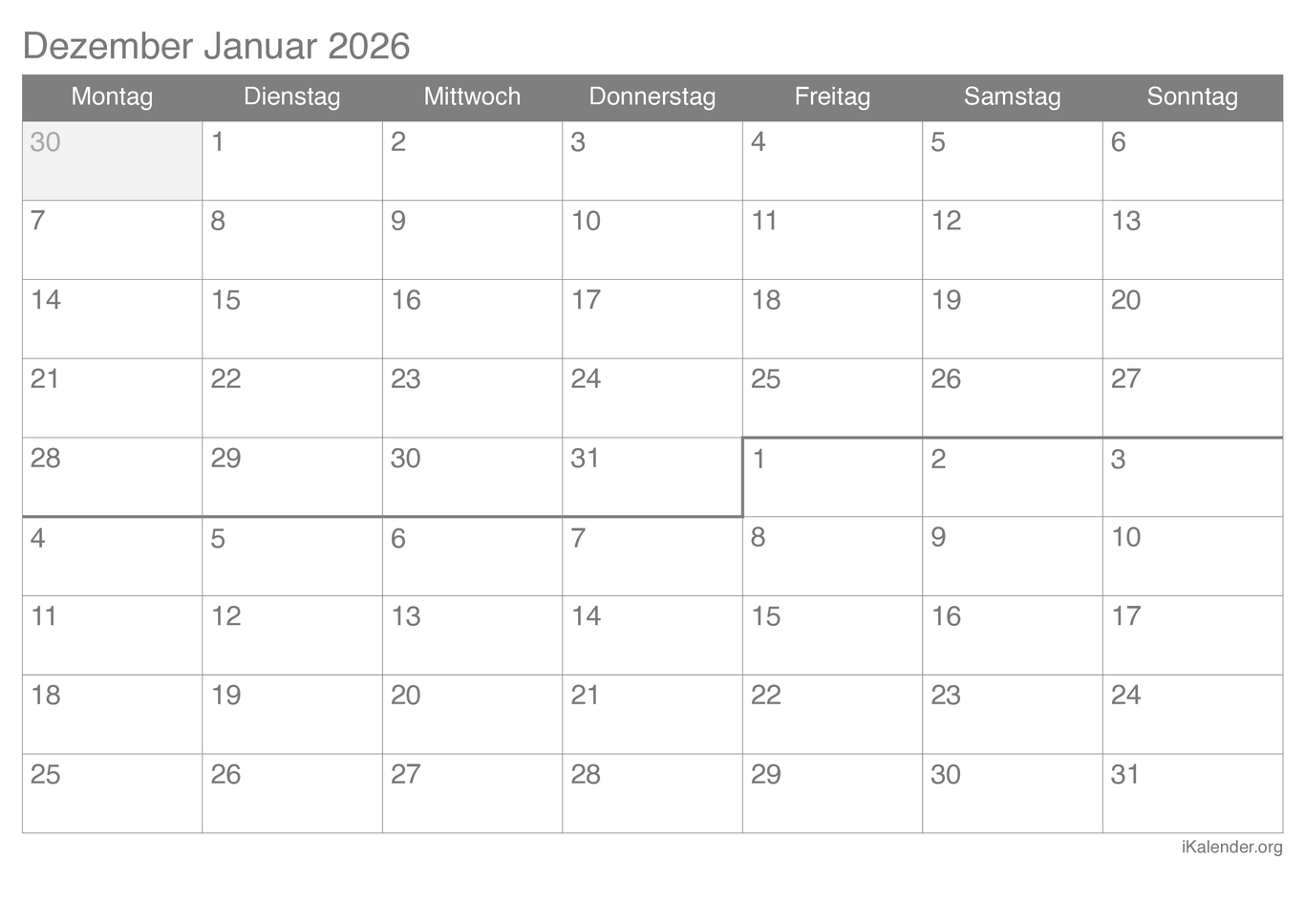 Monatskalender Dezember Januar 2026