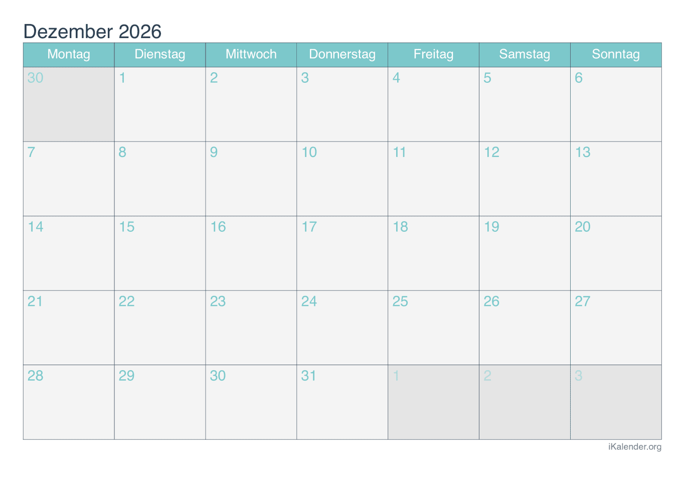 Monatskalender Dezember 2026 - Turkis