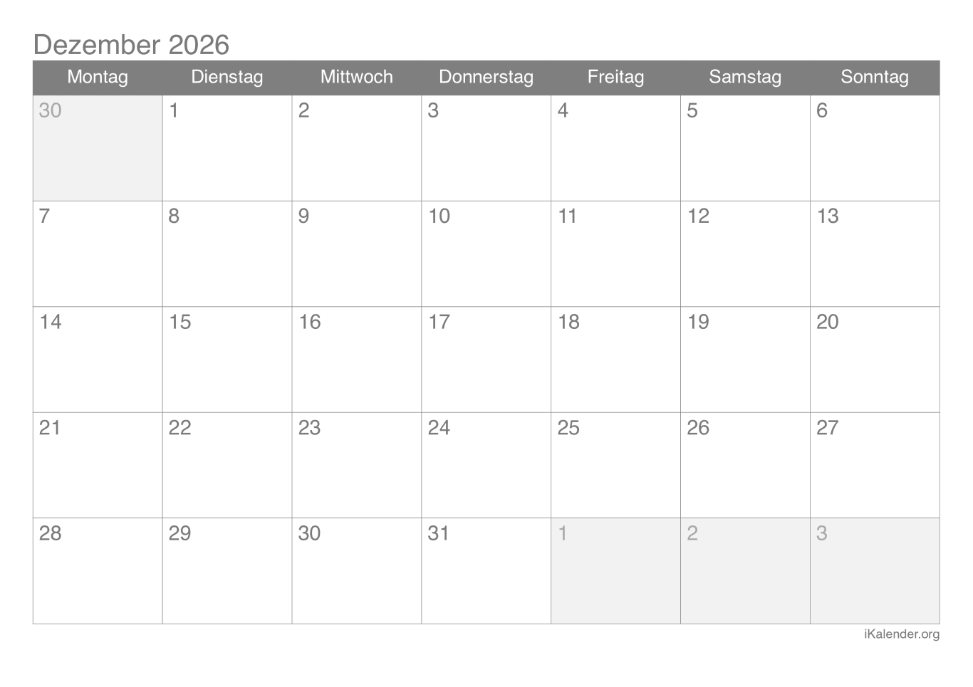 Monatskalender Dezember 2026