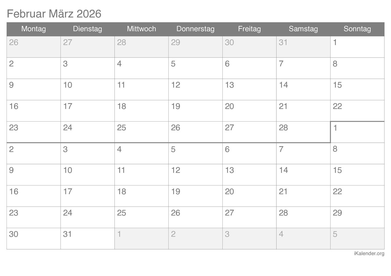 Monatskalender Februar März 2026