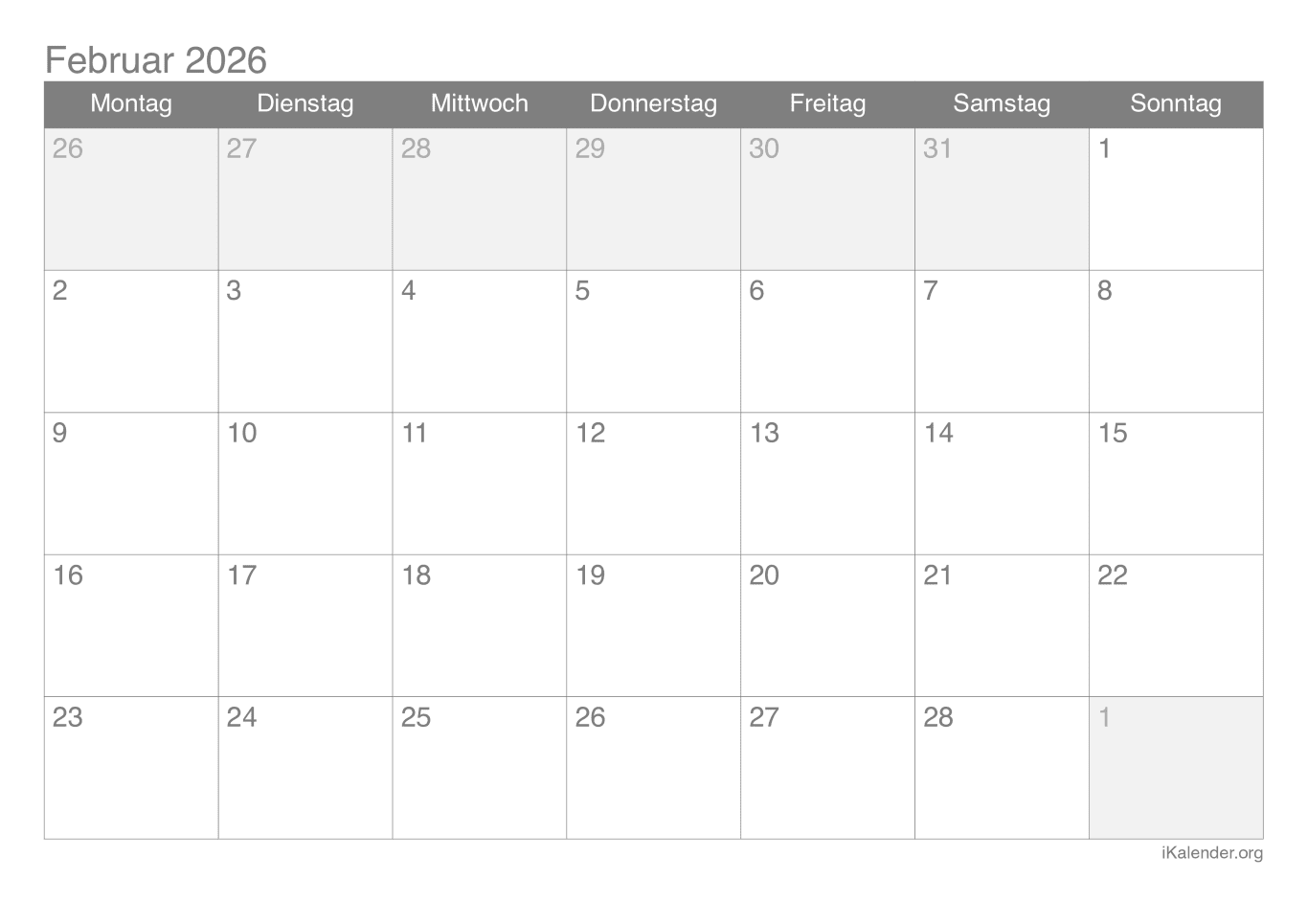 Monatskalender Februar 2026