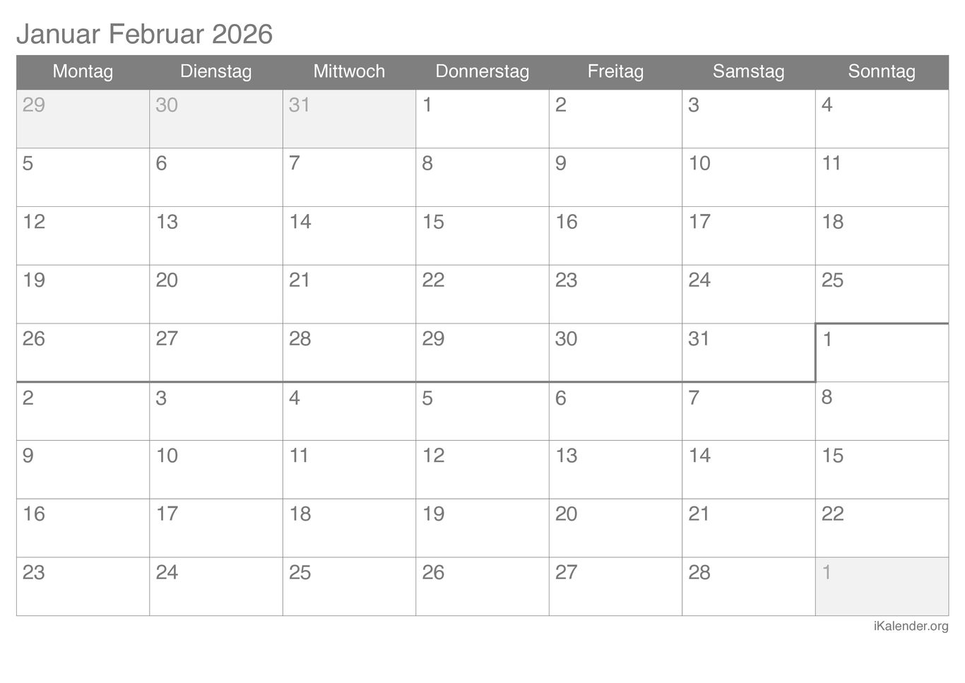 Monatskalender Januar Februar 2026