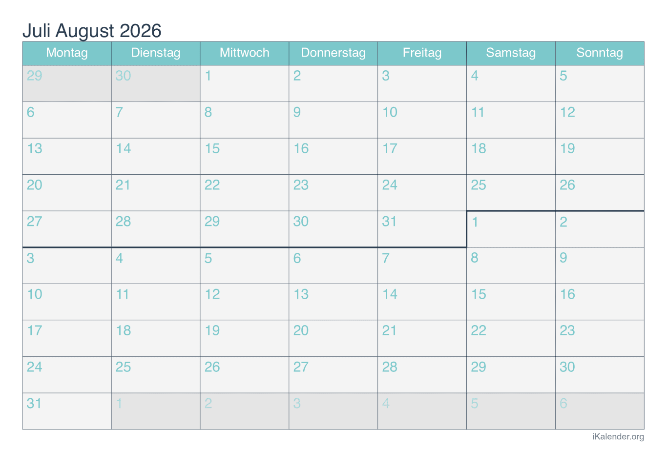 Monatskalender Juli August 2026 - Turkis