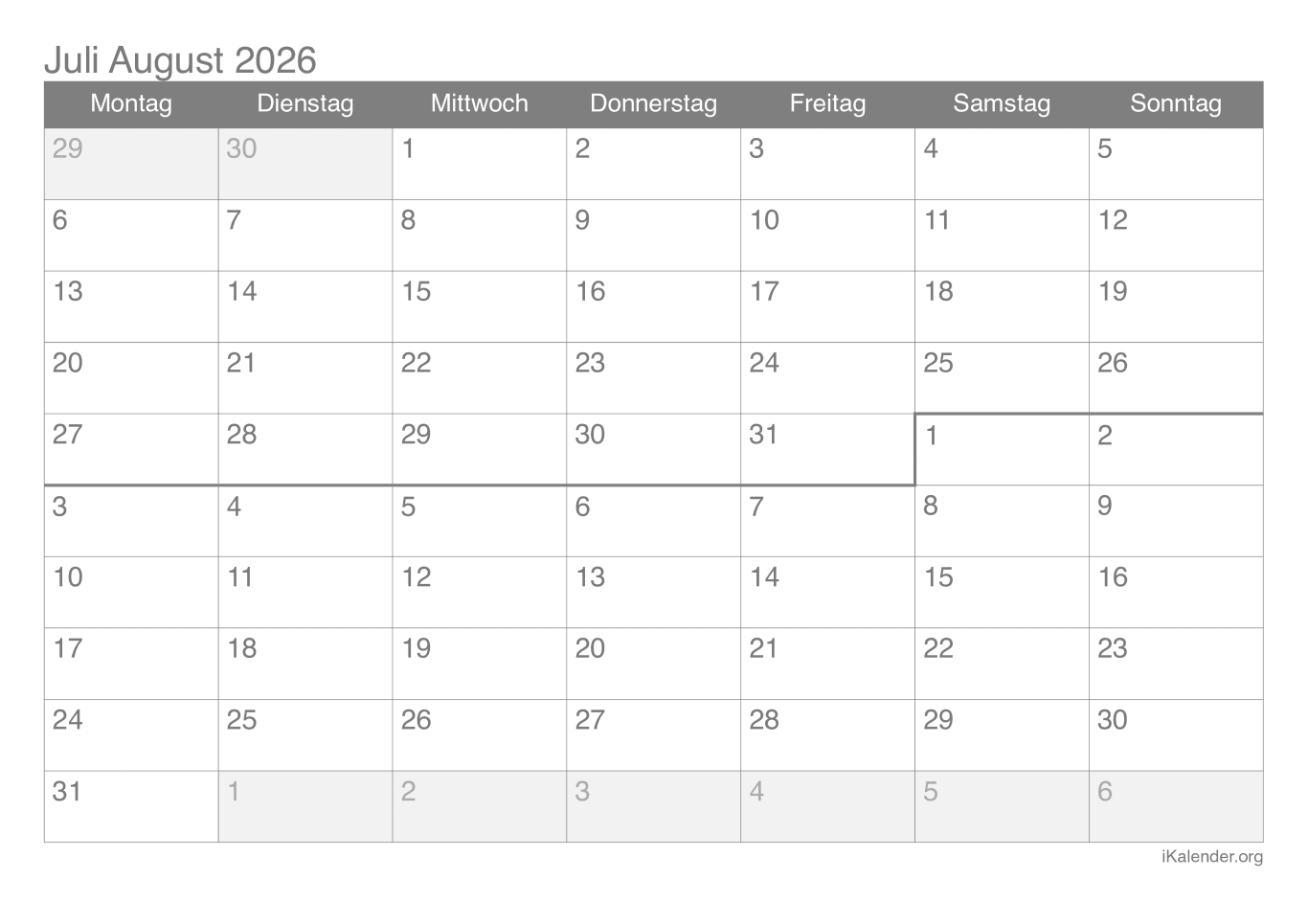 Monatskalender Juli August 2026