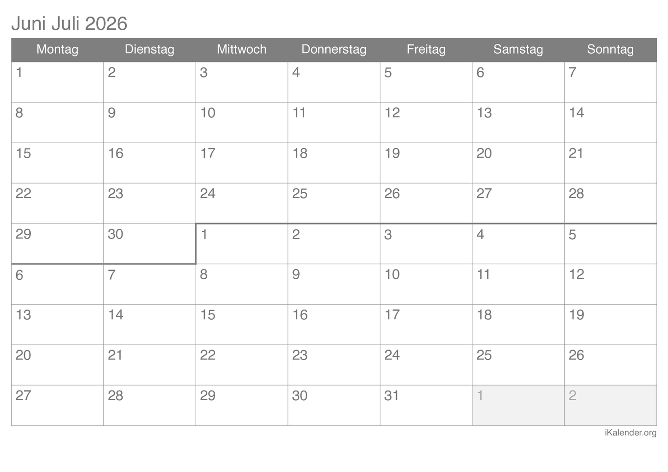 Monatskalender Juni Juli 2026