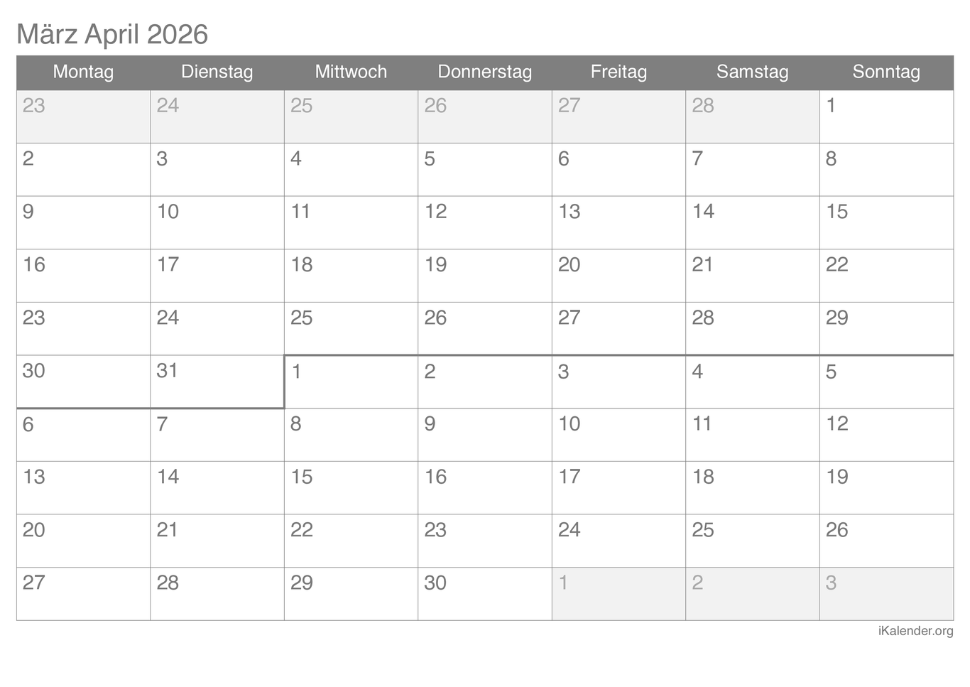 Monatskalender März April 2026