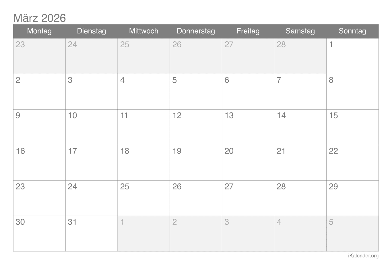 Monatskalender März 2026