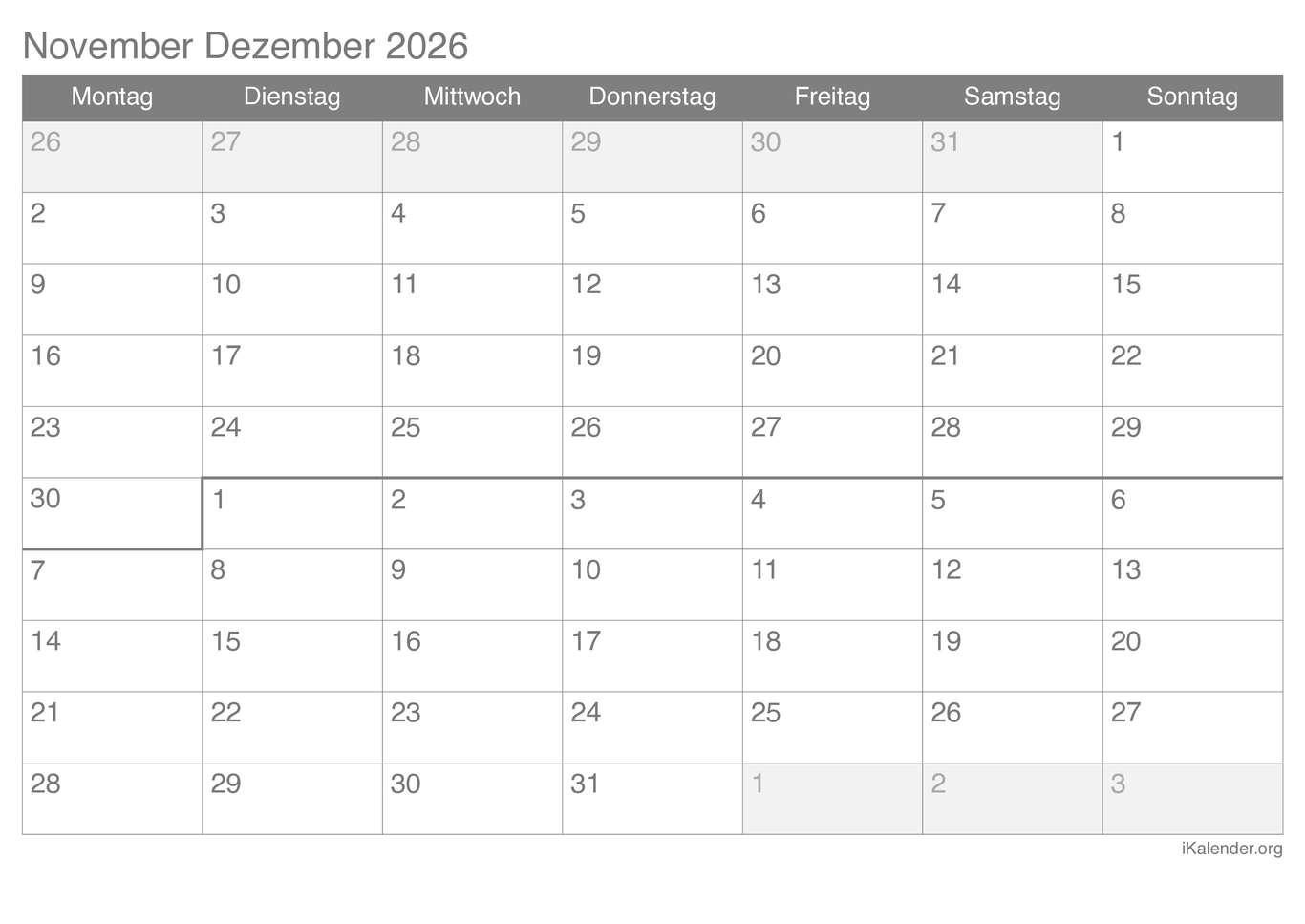 Monatskalender November Dezember 2026