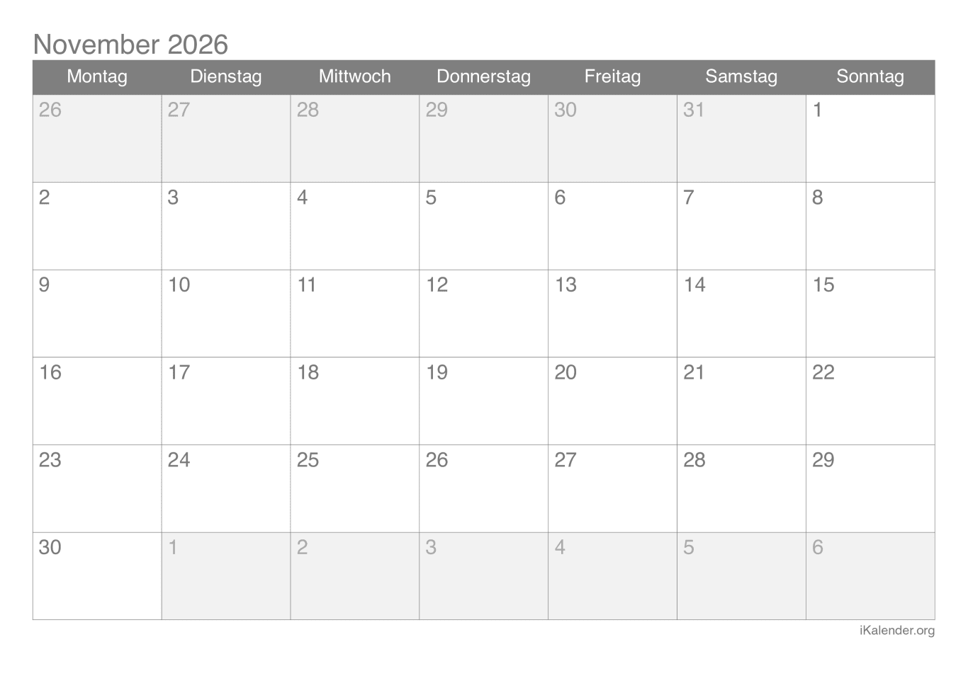 Monatskalender November 2026