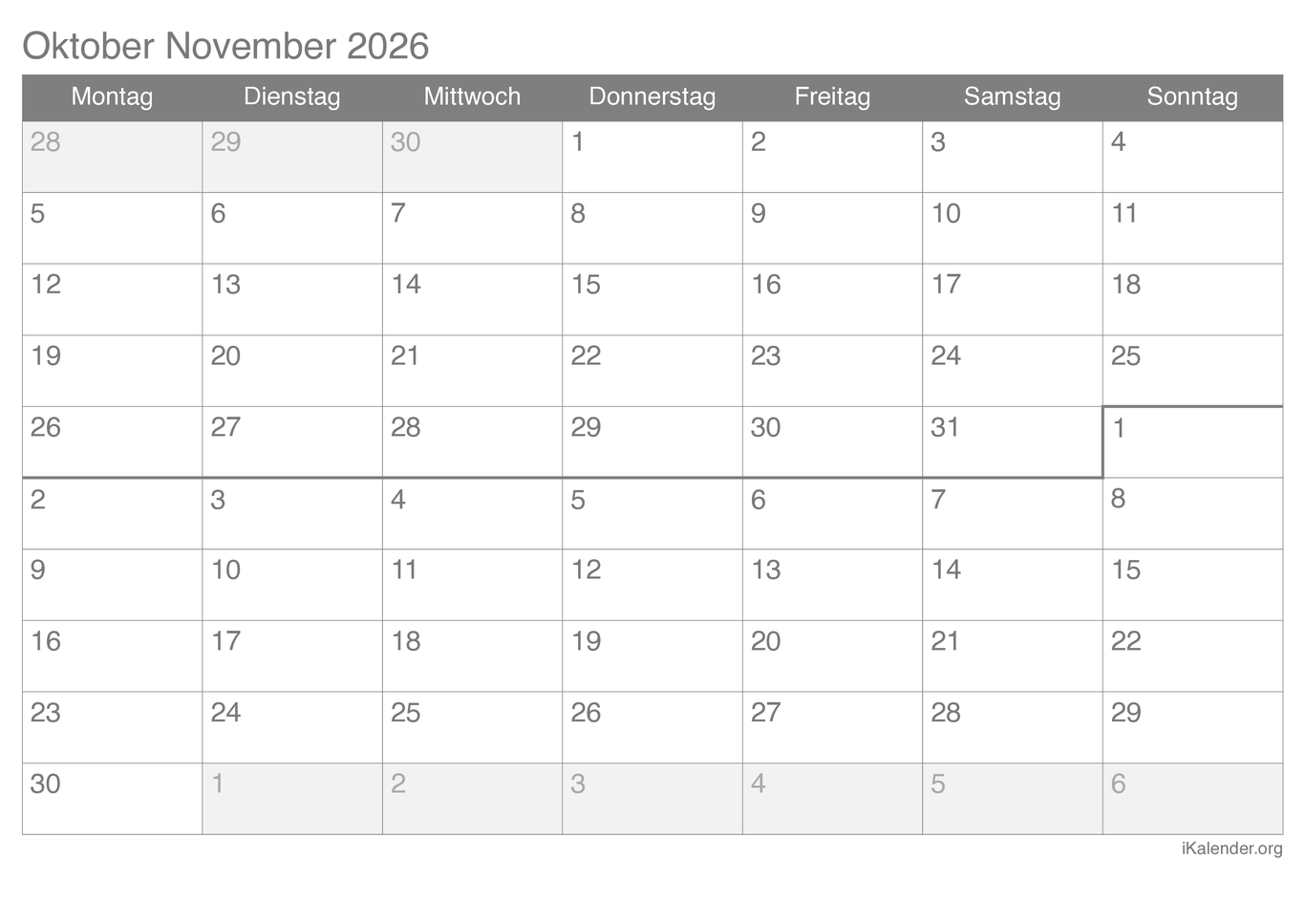 Monatskalender Oktober November 2026