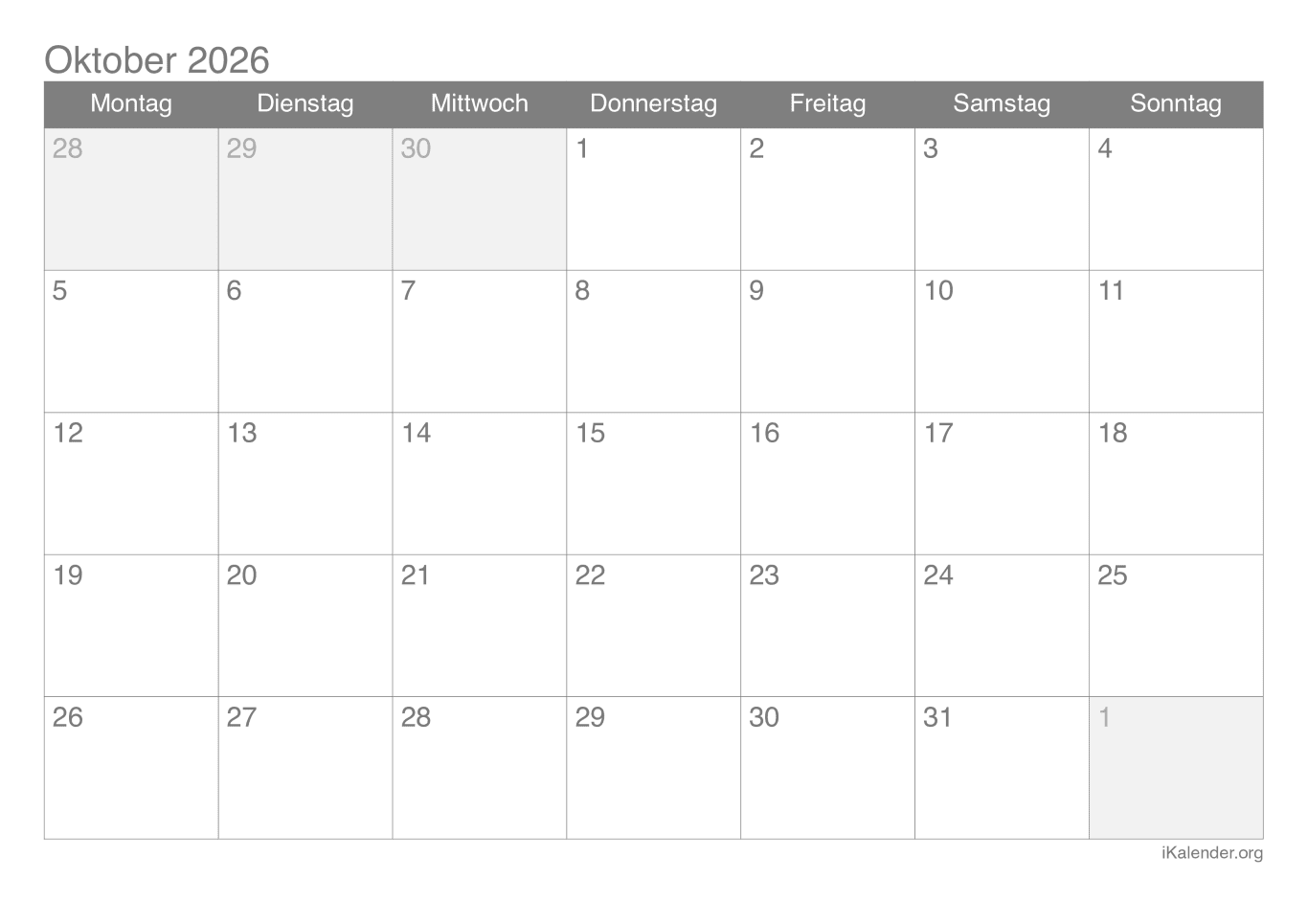 Monatskalender Oktober 2026