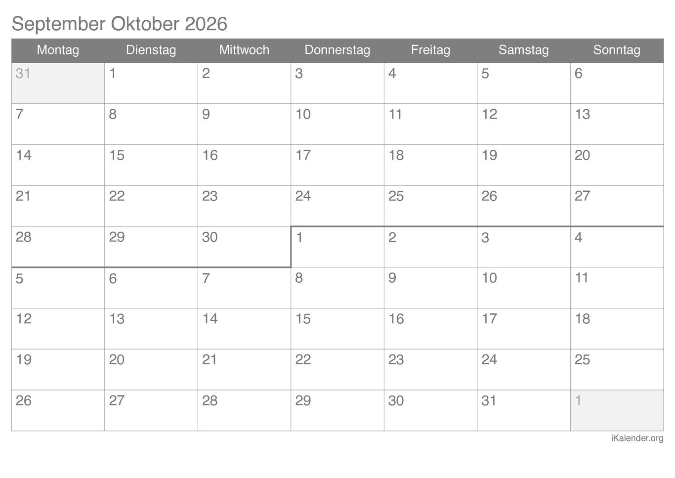 Monatskalender September Oktober 2026