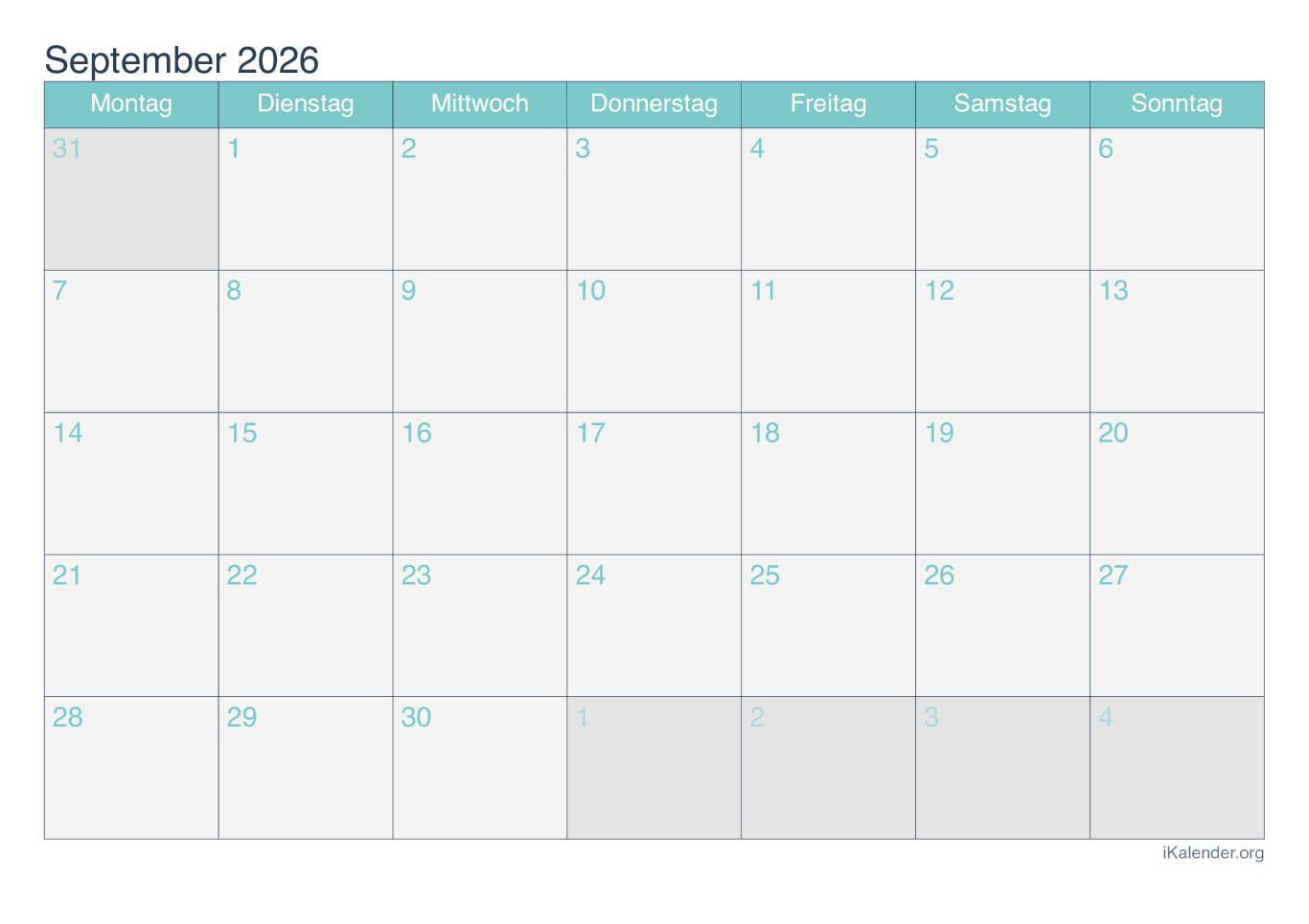 Monatskalender September 2026 - Turkis