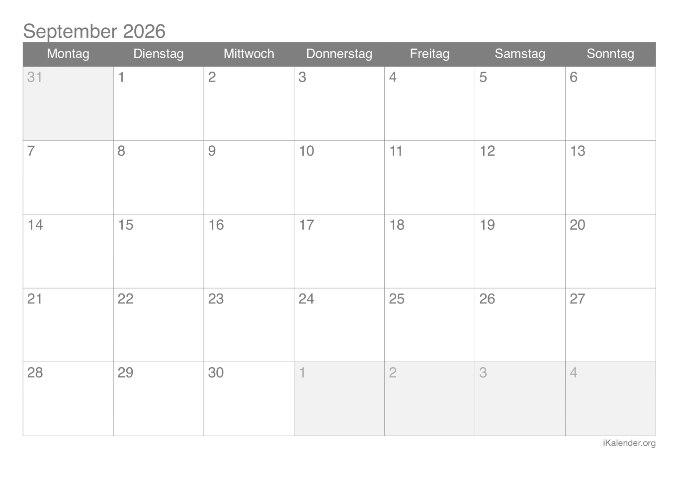 Monatskalender September 2026