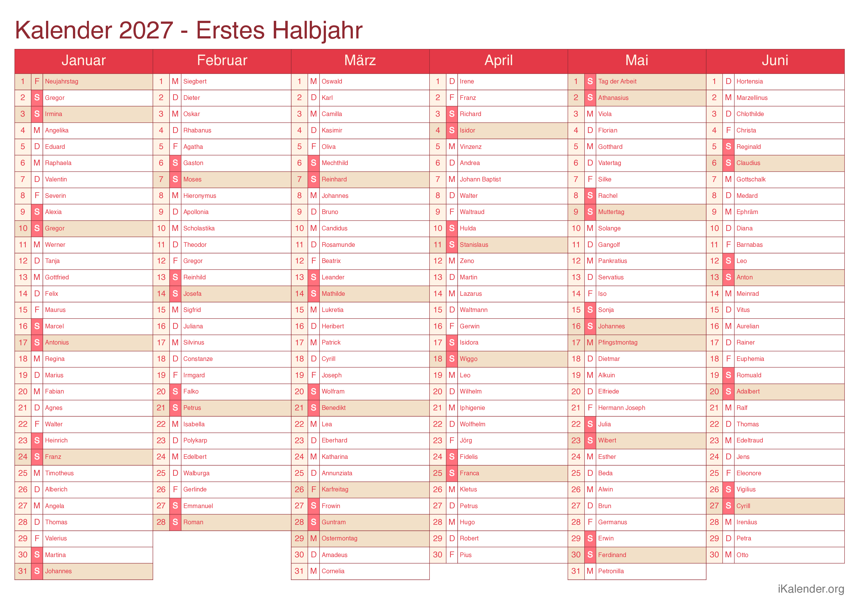 Halbjahres- Namenstagskalender 2027 - Cherry