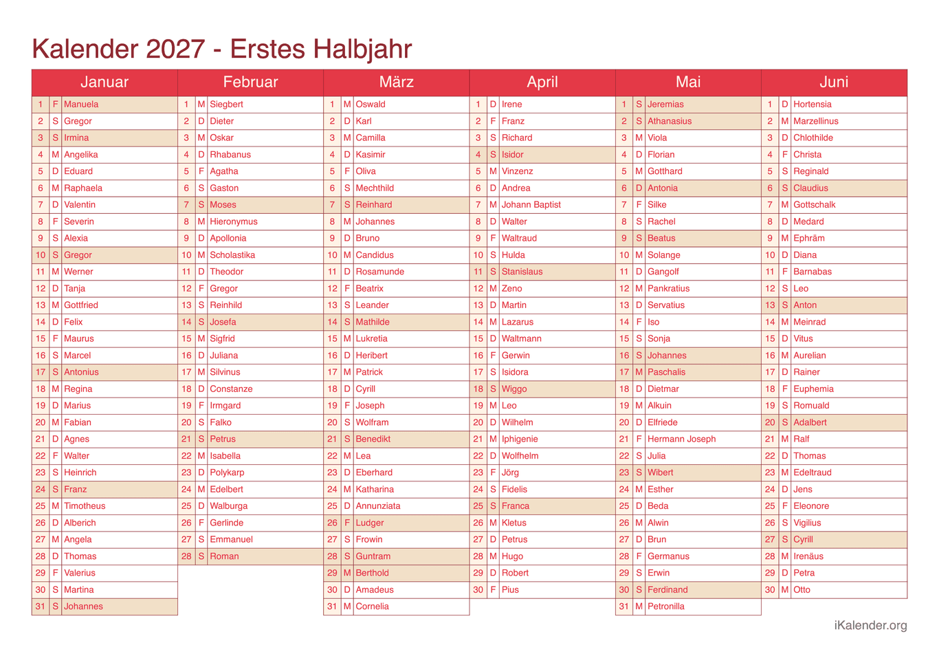 Halbjahres- Namenstagskalender 2027 - Cherry