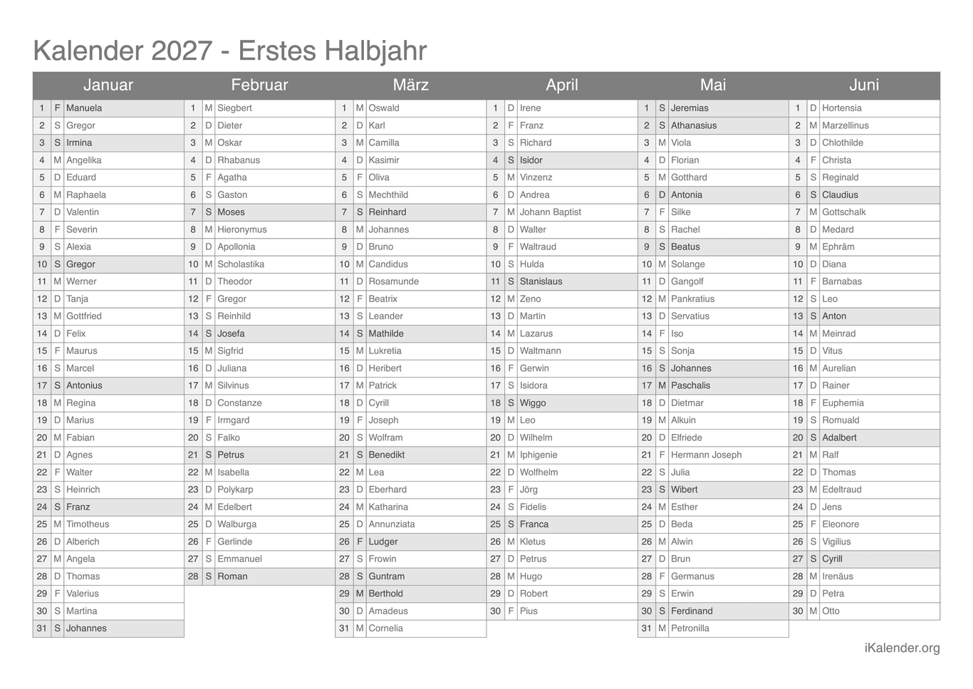 Halbjahres- Namenstagskalender 2027