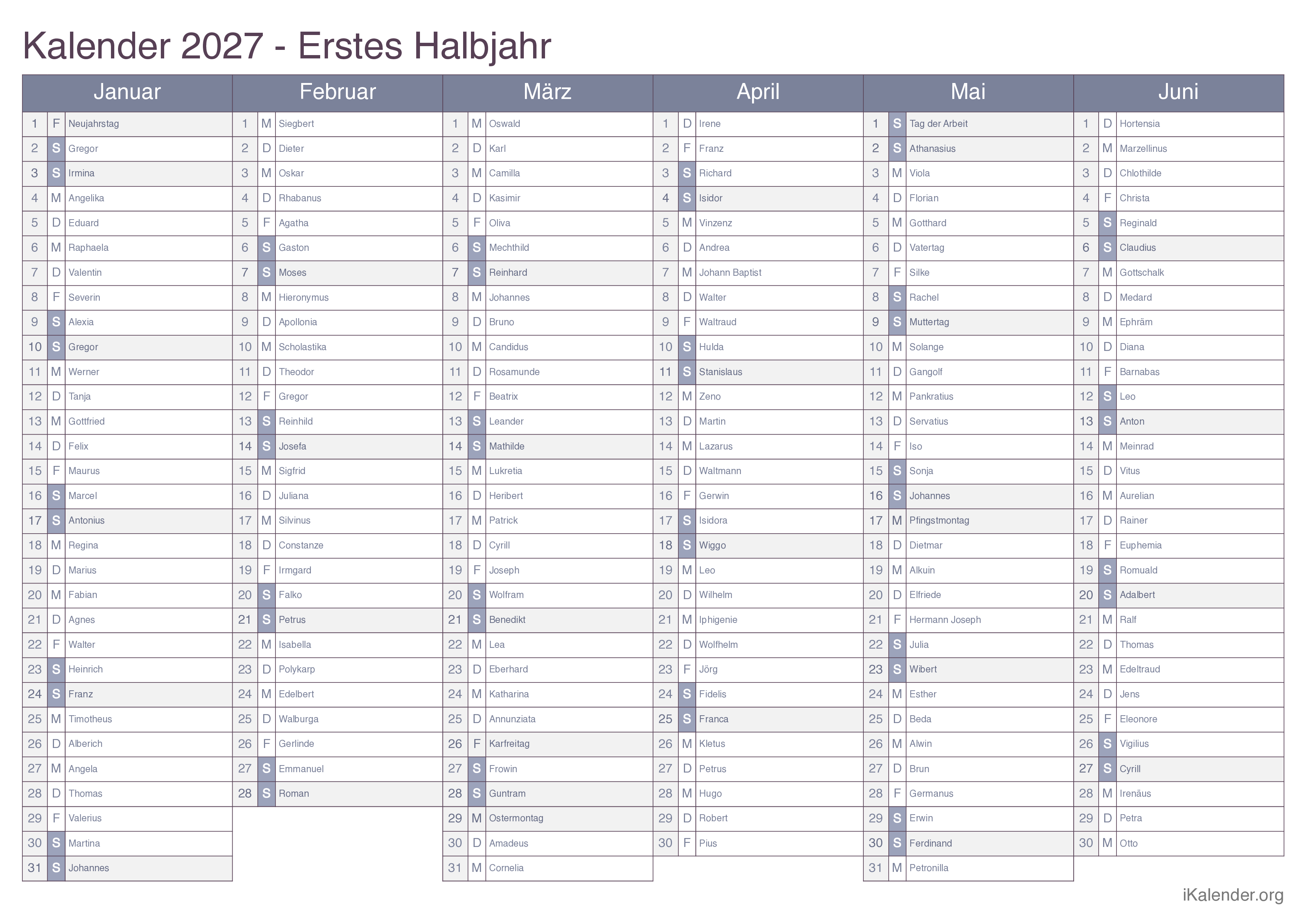 Halbjahres- Namenstagskalender 2027 - Office